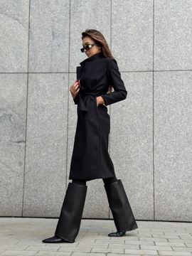 Elegancki płaszcz damski długi, wiązany, flauszowy, klasyczny czarny XL