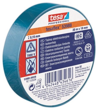 Tesa Taśma Elektroizolacyjna Mocna Izolacja PCV / PVC Niebieska 20m x 19mm