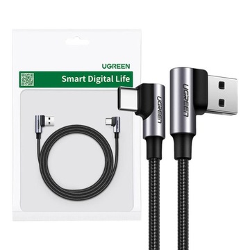 Przewód kabel kątowy w oplocie 3m USB-C 3A QC PD 3.0 czarny UGREEN