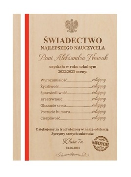 Świadectwo podziękowanie Prezent dla Nauczyciela