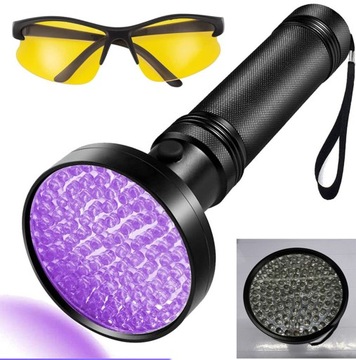 LATARKA UV DO SZUKANIA DETEKTOR BURSZTYNU MOCZ 100 LED 395NM + OKULARY