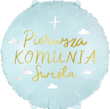BALON FOLIOWY PIERWSZA KOMUNIA ŚWIĘTA IHS ZŁOTY NAPIS NIEBIESKI NA HEL 35CM