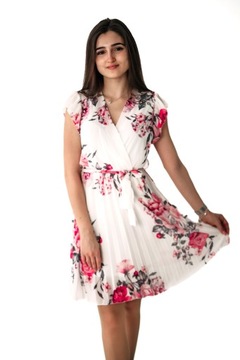Sukienka damska wyszczuplająca midi elegancka szyfonowa plisowana dekolt