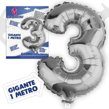 BALON FOLIOWY CYFRA 3 DUŻA 100 cm URODZINY SREBRNA
