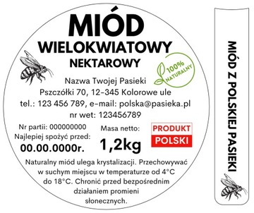 ETYKIETY na MIÓD naklejki na zakrętkę FOLIA TRWAŁE