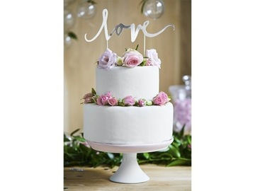 Topper na tort Love - srebrny 17cm weselny ciasto