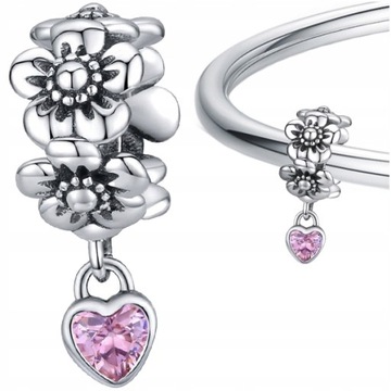 CHARMS KWIATY Z SERCEM srebrna zawieszka koralik charms srebro pr 925 S925