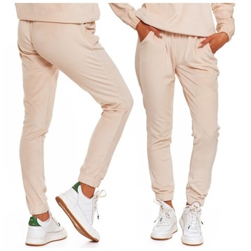 SPODNIE BEŻOWE DRESOWE DAMSKIE WELUROWE Z KIESZENIAMI GŁADKIE MORAJ XXL