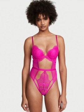 Koronkowe otwarte body Victoria's Secret push-up różowe L