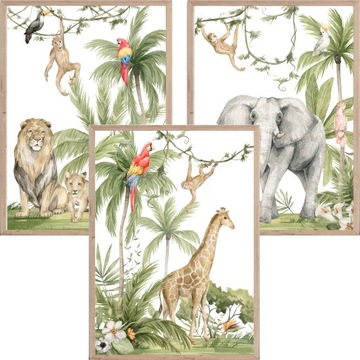 Plakaty dla dzieci, Safari, Dżungla, Sawanna, Słoń, Żyrafa, Lew 30x40