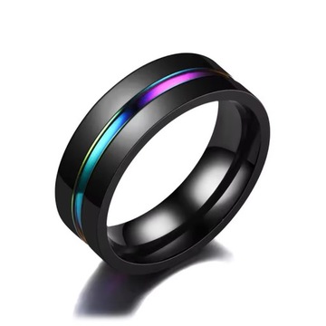 TĘCZOWY Sygnet Czarny Pierścionek obrączka Punk STAL RING