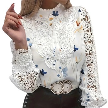 Elegancka bluzka z koronkowymi rękawami koszula Damska w kwiaty stójka