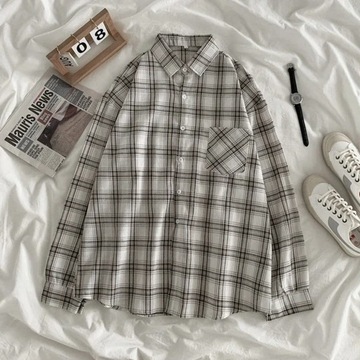 Women Shirt Plaid Oversize Turn-down Collar Leisur