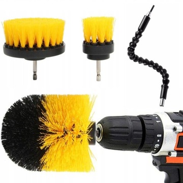 SZCZOTKI NYLONOWE CZYSZCZĄCE NA WIERTARKĘ WKRĘTARKĘ 3SZT + PRZEDŁUŻKA