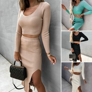 Женский комплект с верхом и длинной юбкой с разрезом, осень, черный, 2XL (44)