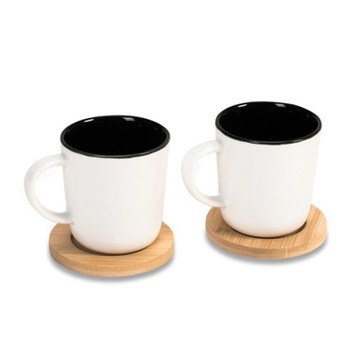 2x CERAMICZNE KUBKI KERALA 150ML BIAŁO-CZARNE + BAMBUSOWE PODSTAWKI