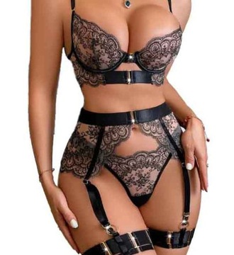 Bielizna Damska Sexy Czarna Odważny Koronkowy Komplet Prześwitująca Stringi
