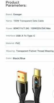 быстрый Essager 7А, кабель 1м. Кабель быстрой зарядки USB-A — USB-C PD 100 Вт