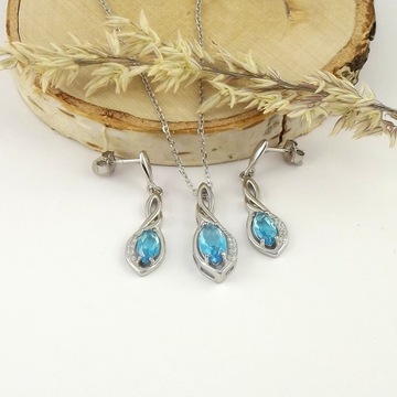 Komplet Biżuterii Srebrnej 925 Kolczyki i Naszyjnik Błękitny Akwamarynowy
