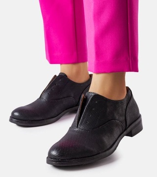 Półbuty damskie obuwie czarne skóra buty wsuwane 21665 rozmiar 38