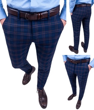 Spodnie męskie eleganckie granatowe w kratkę - 32