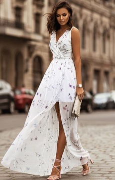 Szyfonowa elegancka sukienka bez rękawów z dekoltem w szpic w stylu glamour