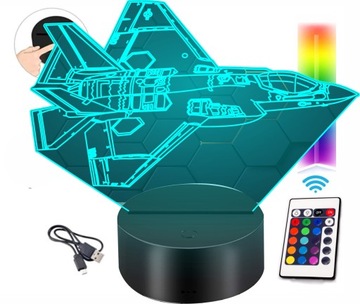 LAMPKA LED 3D MYŚLIWIEC BOJOWY SAMOLOT F35 F16 ODRZUTOWIEC PILOT RGB