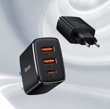 Настенное зарядное устройство Baseus 2xUSB-A USB-C QC 30 Вт для телефона/планшета