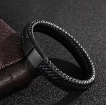 BRANSOLETKA MĘSKA RĘCZNIE PLECIONA SKÓRZANA CZARNA