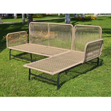 Beige Rope Garden Set w/ Iron Frame, L-Shape Sofa & Table