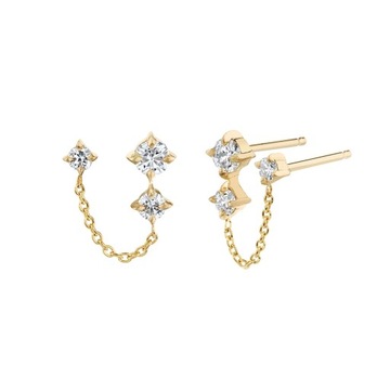 Aide Double Chain Studs Three Zircon Small Chain Tassel