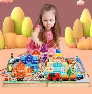 Городские деревянные блоки в чемодане, железнодорожные пути Монтессори 88