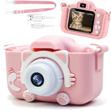 APARAT CYFROWY DLA DZIECI KAMERA HD + ETUI KOTEK RÓŻOWY X5 GRY SMYCZ