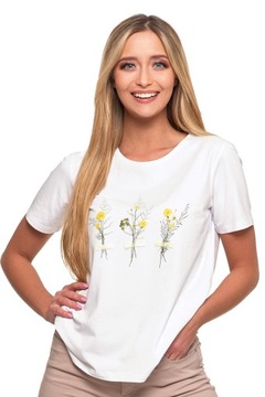 Koszulka Damska Biały T-Shirt Na Krótki Rękaw Modne Kwiaty Bawełna MORAJ XL