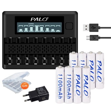 8szt. 1,2 V 1100 mAh AAA Akumulator NIMH + 8 gniazd AA/AAA Ładowarka