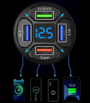 SZYBKA ŁADOWARKA SAMOCHODOWA 66W 3XQC MOCNA 4XUSB 7A SZYBKI KABEL 3W1