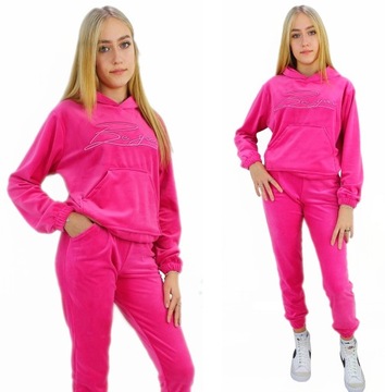 Różowy welurowy dres z kapturem 164