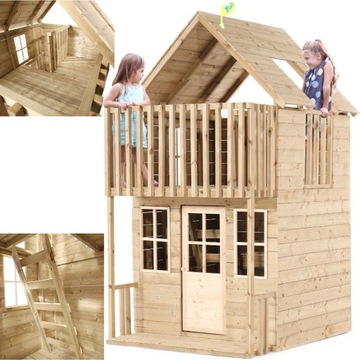 ДВУХЭТАЖНЫЙ ДЕРЕВЯННЫЙ САДОВЫЙ ДОМ ДЛЯ ДЕТЕЙ, БОЛЬШОЙ С ВЕРАНДОЙ И БАЛКОНОМ