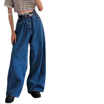 SPODNIE DZWONY DAMSKIE JEANSY LUŹNE WYSOKI STAN