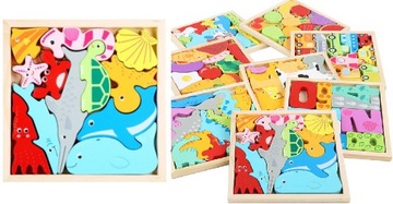 KLOCKI PUZZLE DREWNIANE UKŁADANKA MONTESSORI WZORY