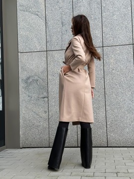 Elegancki płaszcz damski długi, wiązany, flauszowy, klasyczny beżowy L