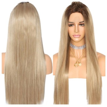 PERUKA blond brąz DŁUGIE włosy proste LACE FRONT