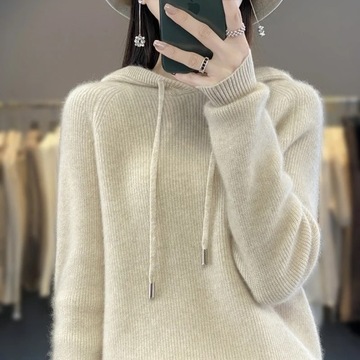 100% Merino Wool Sweater Slim Hooded Women Clothin