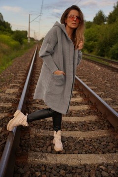 ДЛИННОЕ ПАЛЬТО ИЗ АЛЬПАКИ С КАПЮШОНОМ, oversize, СЕРЫЙ