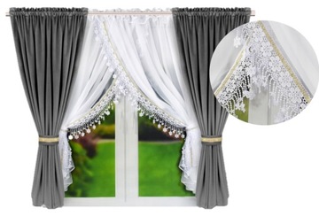 GOTOWA FIRANA CYRKONIE Z GIPIURA I ZASŁONAMI WELUR FIRANKA WOAL 400x160 cm