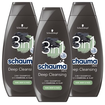 Schauma MEN Szampon 3w1 z Glinką i Węglem 400ml x3