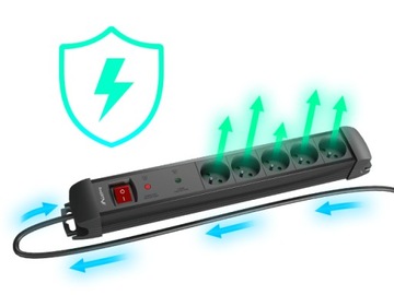 Удлинительный кабель с защитой от перенапряжения и переключателем, 5 розеток, 1,5 м