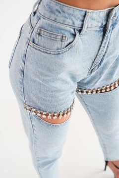 Damskie jeansowe spodnie luźne boyfriendy z dziurami kryształki XL