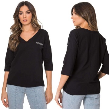 Bawełniana bluzka damska w serek rękaw 3/4 - L/XL