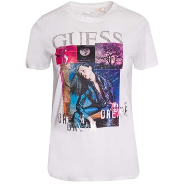 GUESS KOSZULKA DAMSKA T-SHIRT COLLAGE WHITE r.S